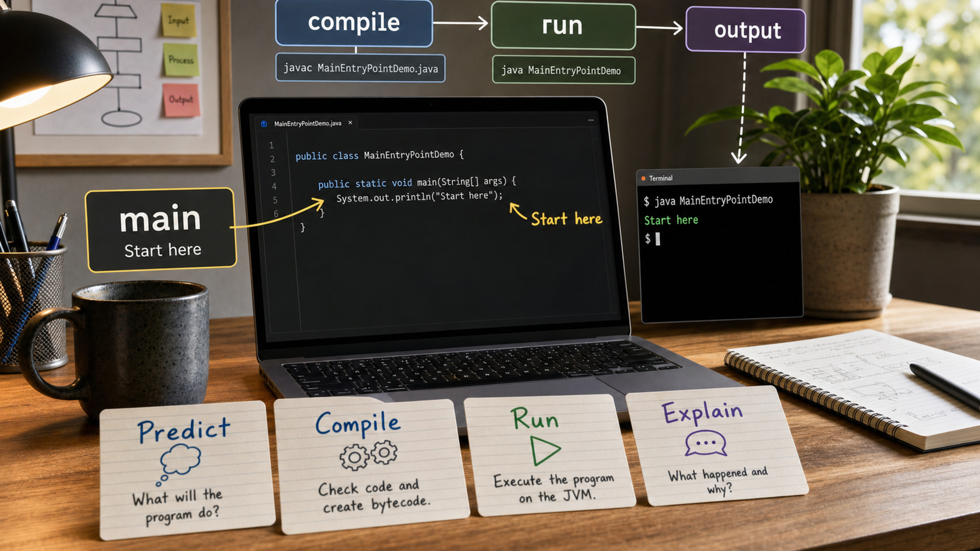 A start-line graphic for a Java program with arrows from launch to public static void main and then to the first print statement.