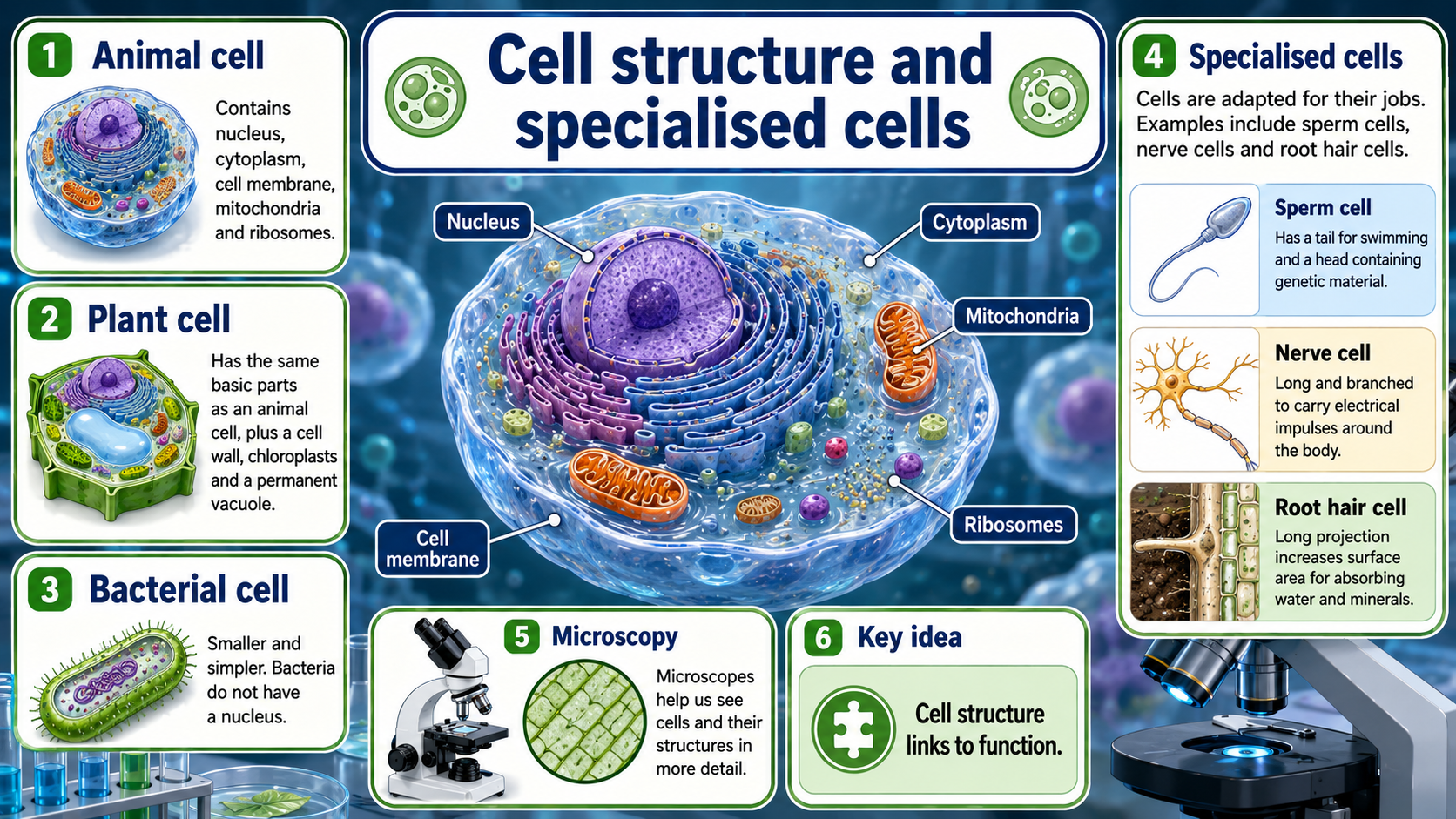 GCSE Biology infographic showing animal, plant and bacterial cell structure, microscopy and specialised cells.