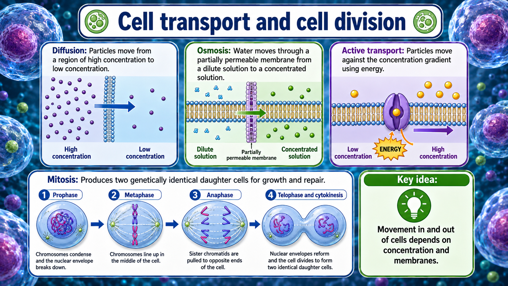 GCSE Biology infographic showing diffusion, osmosis, active transport and mitosis.