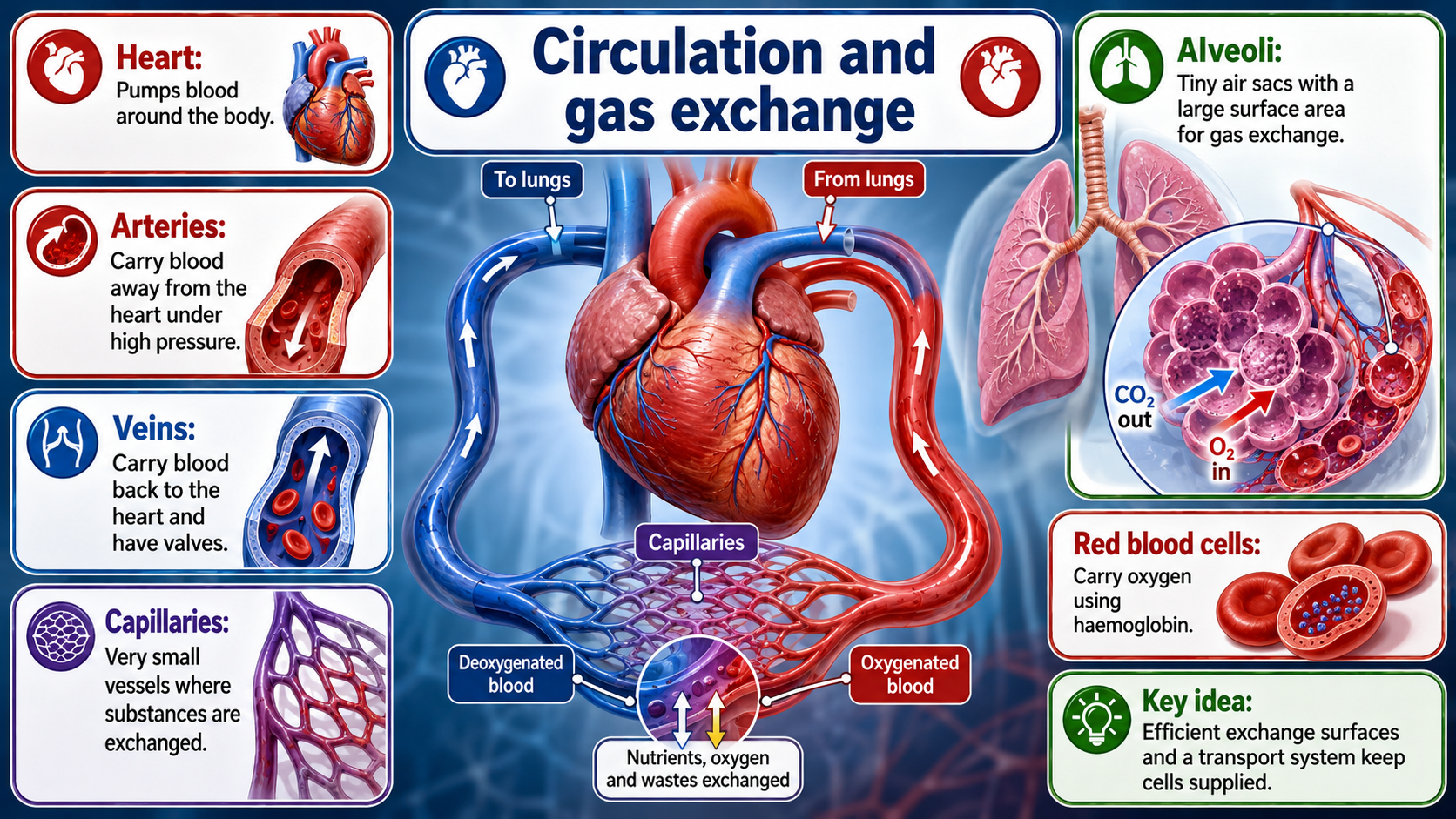 GCSE Biology infographic showing the heart, blood vessels, red blood cells, alveoli and gas exchange.