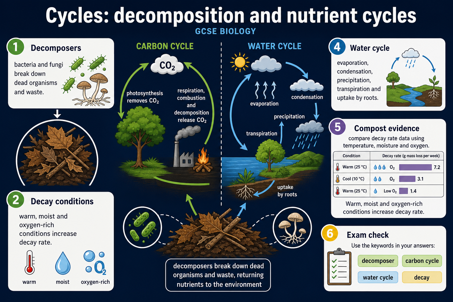 Infographic explaining GCSE Biology decomposition, decomposers, decay conditions, the carbon cycle, the water cycle and compost decay-rate evidence.