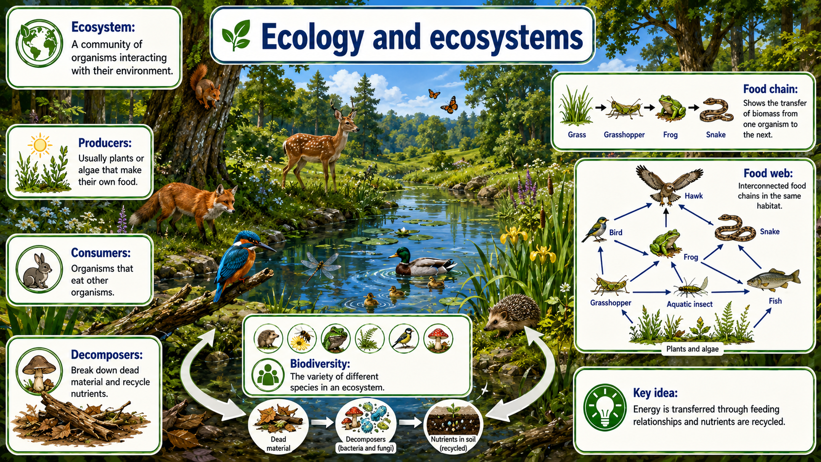 GCSE Biology infographic showing ecosystems, producers, consumers, decomposers, biodiversity, food chains and food webs.
