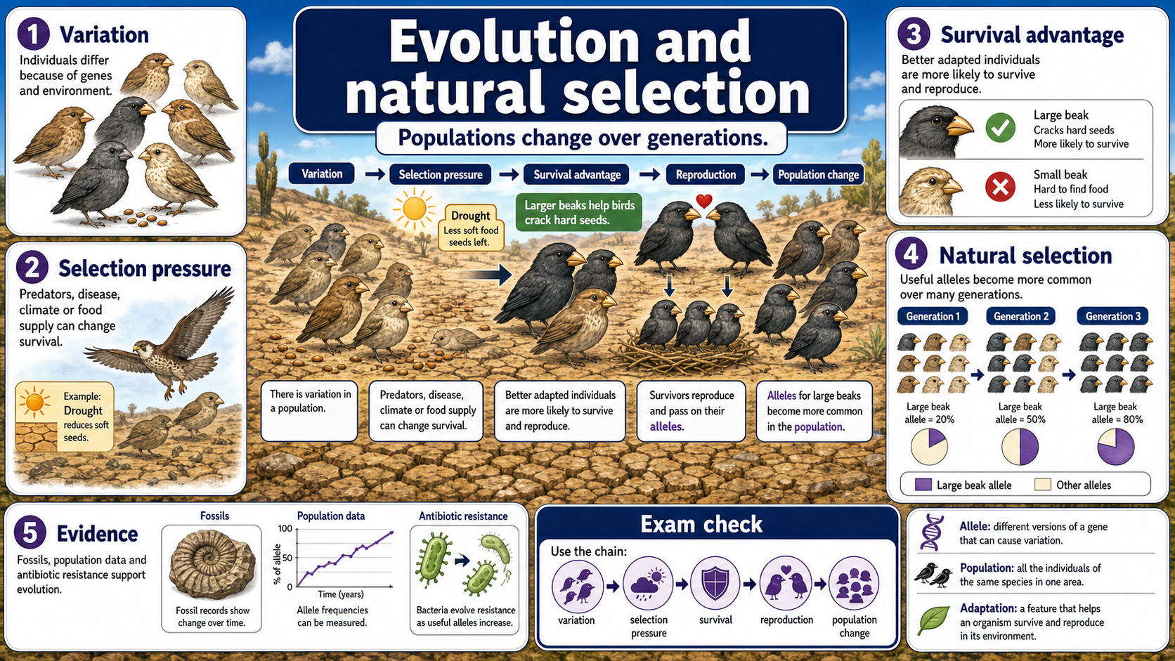 Infographic explaining GCSE Biology evolution and natural selection, including variation, selection pressure, survival advantage, reproduction, allele frequency and evidence.