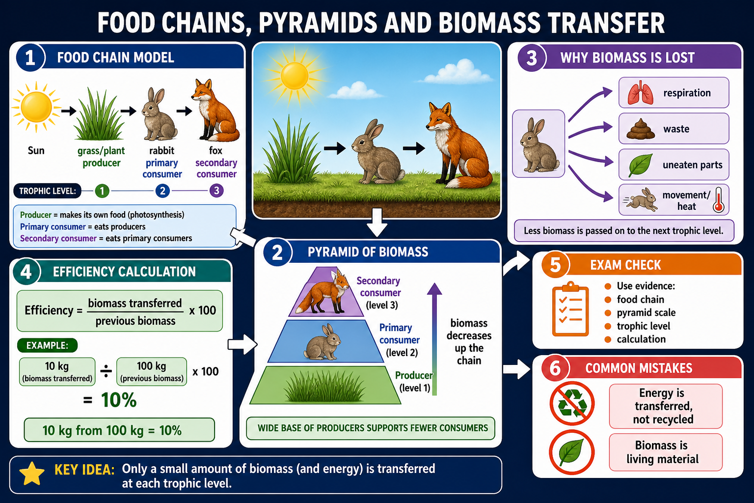 Infographic explaining GCSE Biology food chains, trophic levels, pyramids of biomass, biomass losses and efficiency calculations.