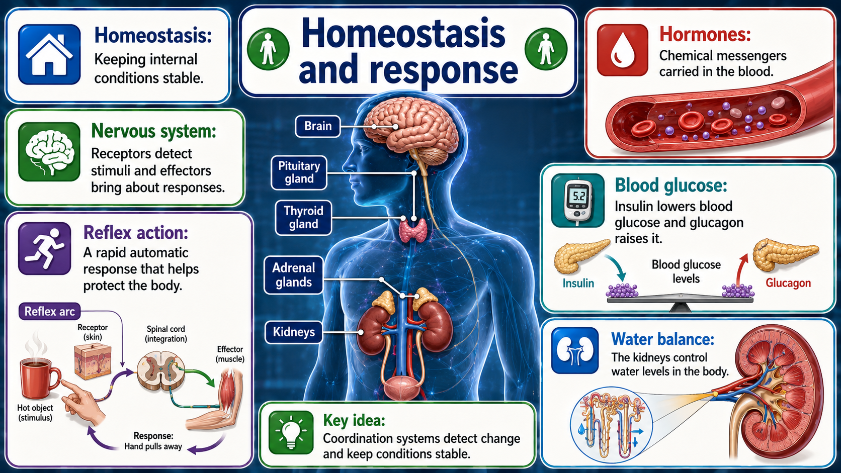 GCSE Biology infographic showing homeostasis, nervous responses, hormones, blood glucose and water balance.