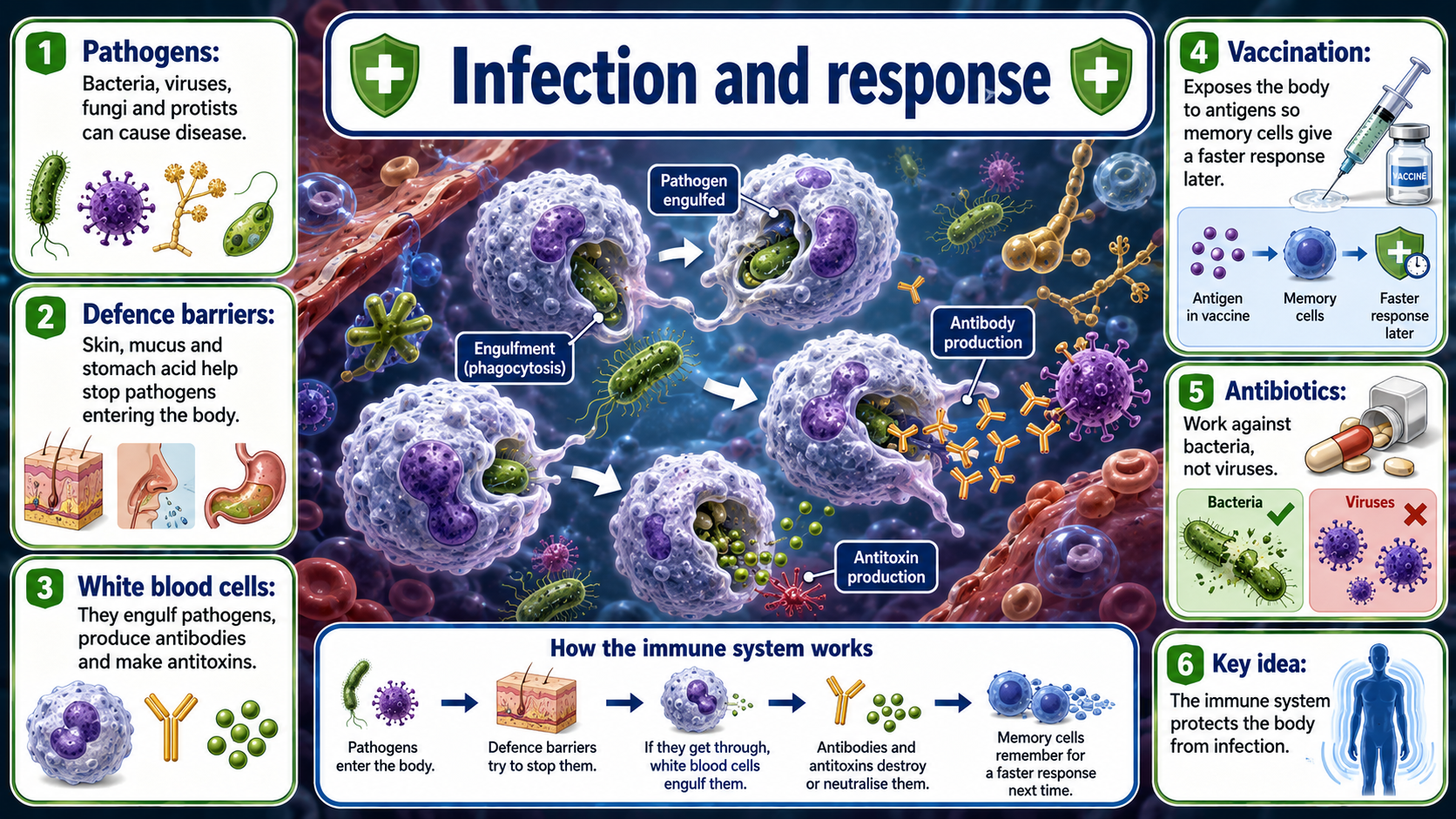 GCSE Biology infographic showing pathogens, body defences, white blood cells, vaccination and antibiotics.