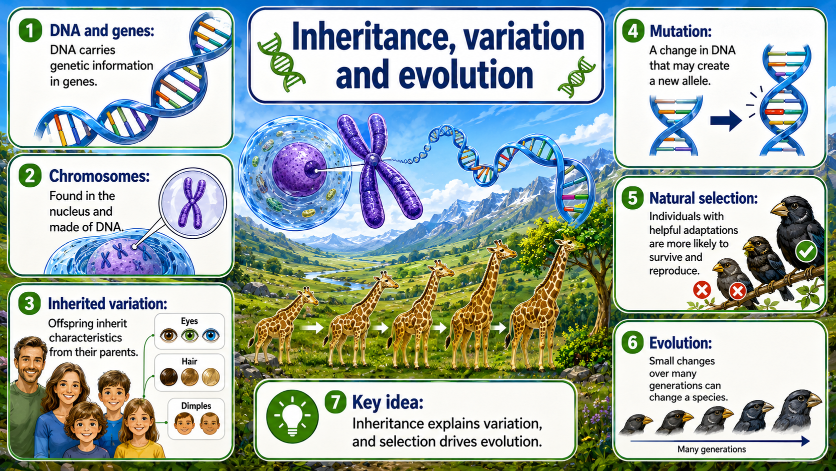 GCSE Biology infographic showing DNA, chromosomes, inherited variation, mutation, natural selection and evolution.