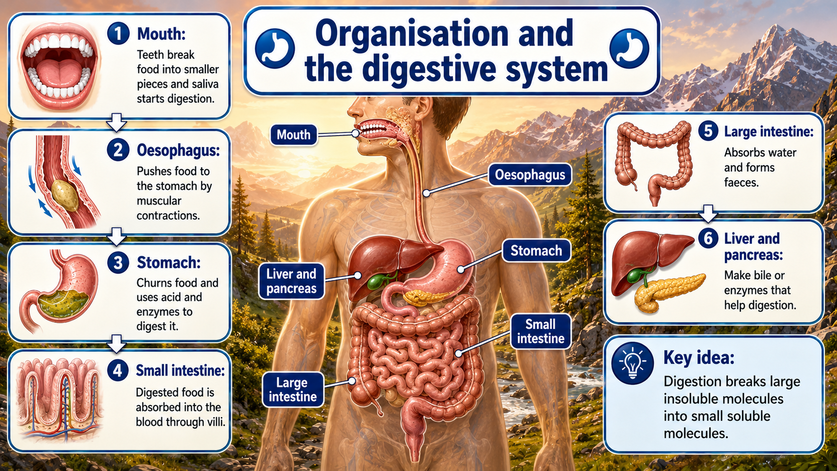 GCSE Biology infographic showing the digestive system organs and their roles in digestion.