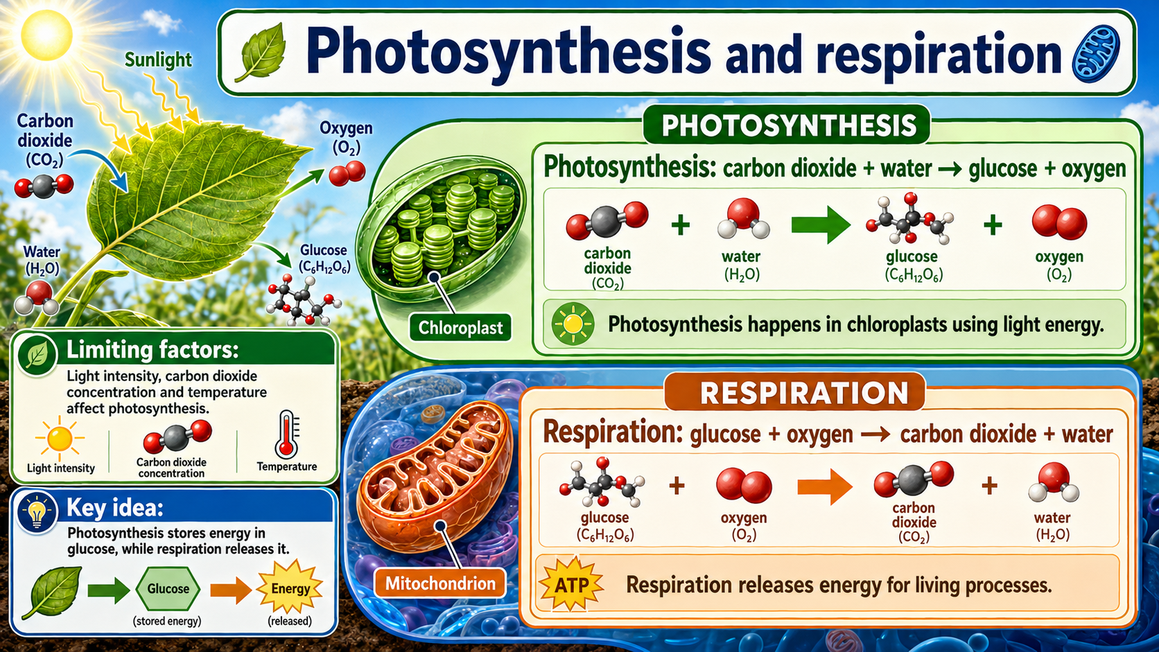 GCSE Biology infographic comparing photosynthesis, respiration, limiting factors and energy transfer.