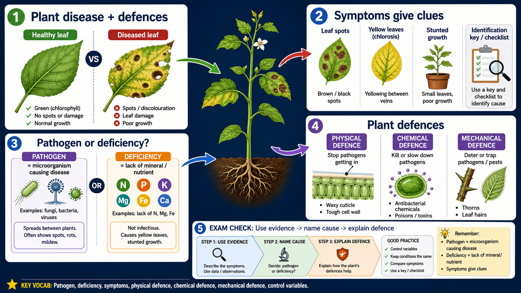 Infographic explaining GCSE Biology plant disease and defence responses, including symptoms, pathogens, deficiencies, physical defences, chemical defences, mechanical defences and exam evidence checks.