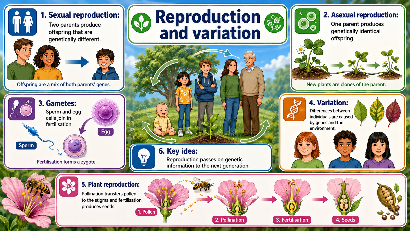 GCSE Biology infographic showing sexual and asexual reproduction, gametes, plant reproduction and variation.