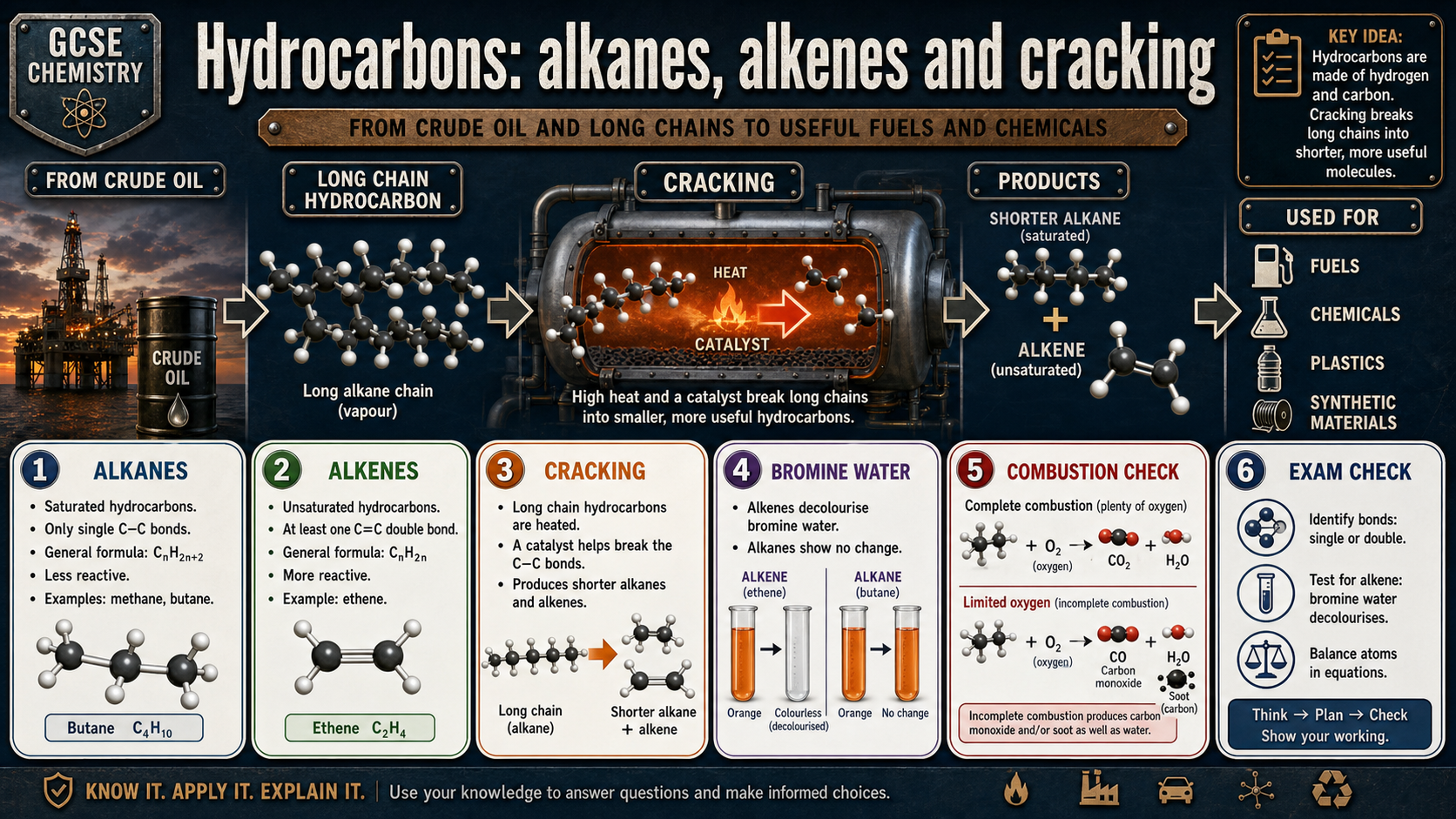 Illustrated GCSE Chemistry infographic comparing alkanes and alkenes, cracking long-chain hydrocarbons, bromine-water tests and combustion products.
