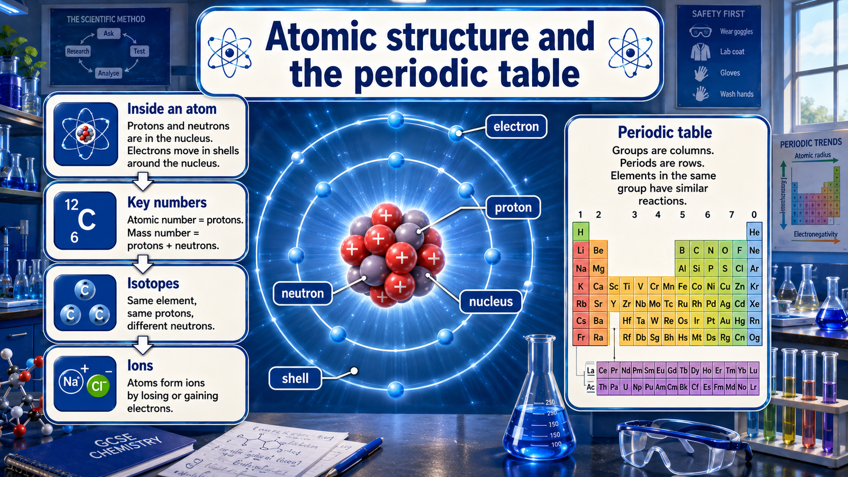 Illustrated GCSE Chemistry infographic showing inside an atom, atomic and mass numbers, isotopes, ions and a periodic table overview.