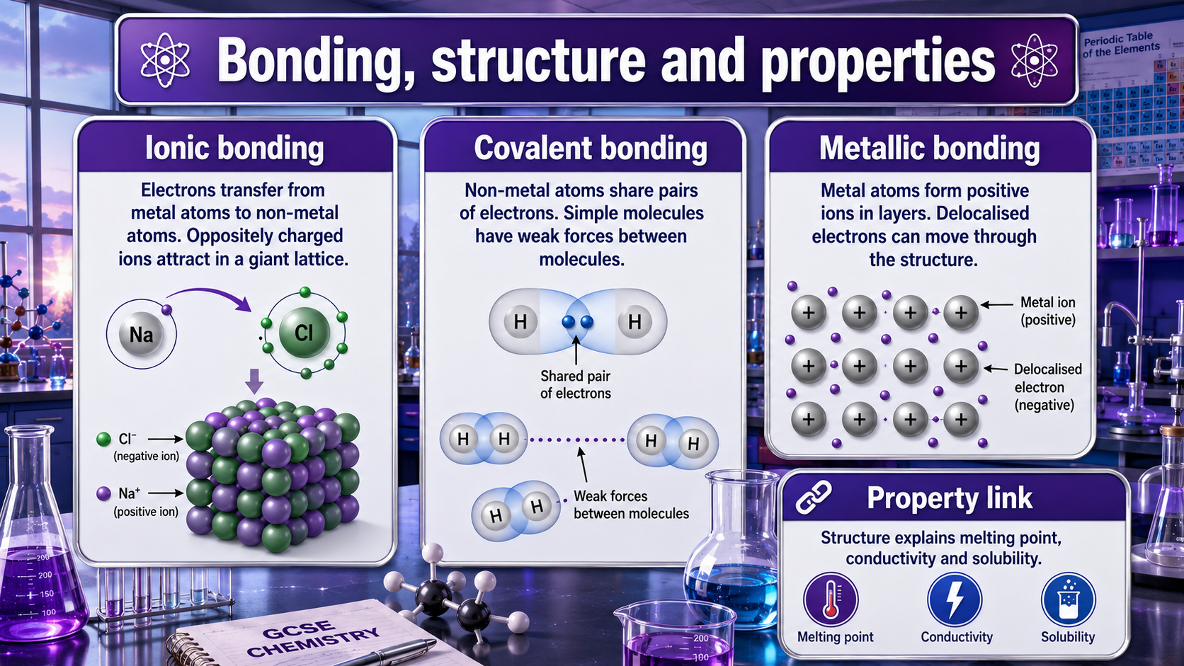 Illustrated GCSE Chemistry infographic comparing ionic bonding, covalent bonding, metallic bonding and links to material properties.