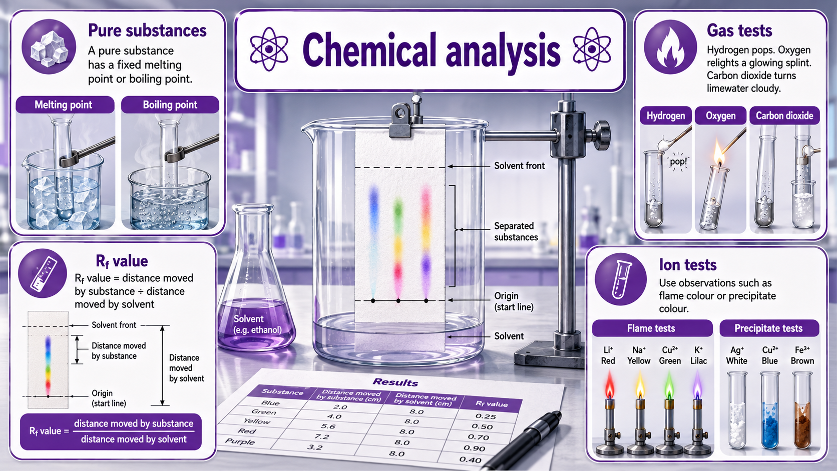 Illustrated GCSE Chemistry infographic showing chromatography, Rf values, pure substances, gas tests, flame tests and precipitate tests.