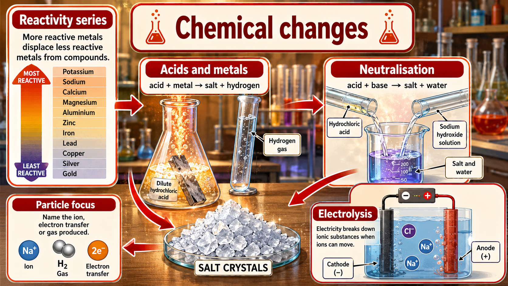 Illustrated GCSE Chemistry infographic showing the reactivity series, acids and metals, neutralisation, electrolysis and particle focus.