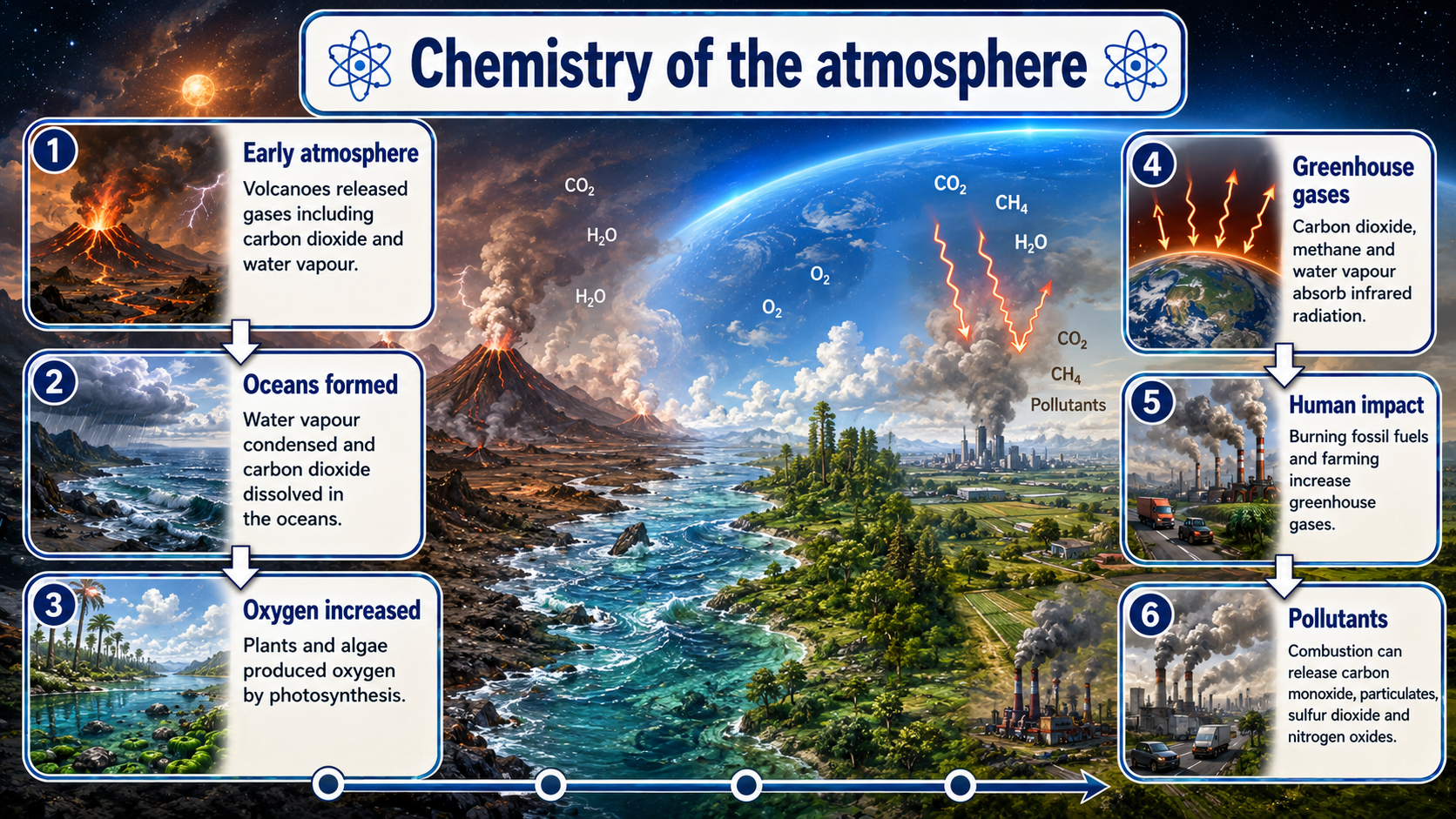Illustrated GCSE Chemistry infographic showing early atmosphere, oceans forming, oxygen increasing, greenhouse gases, human impact and pollutants.
