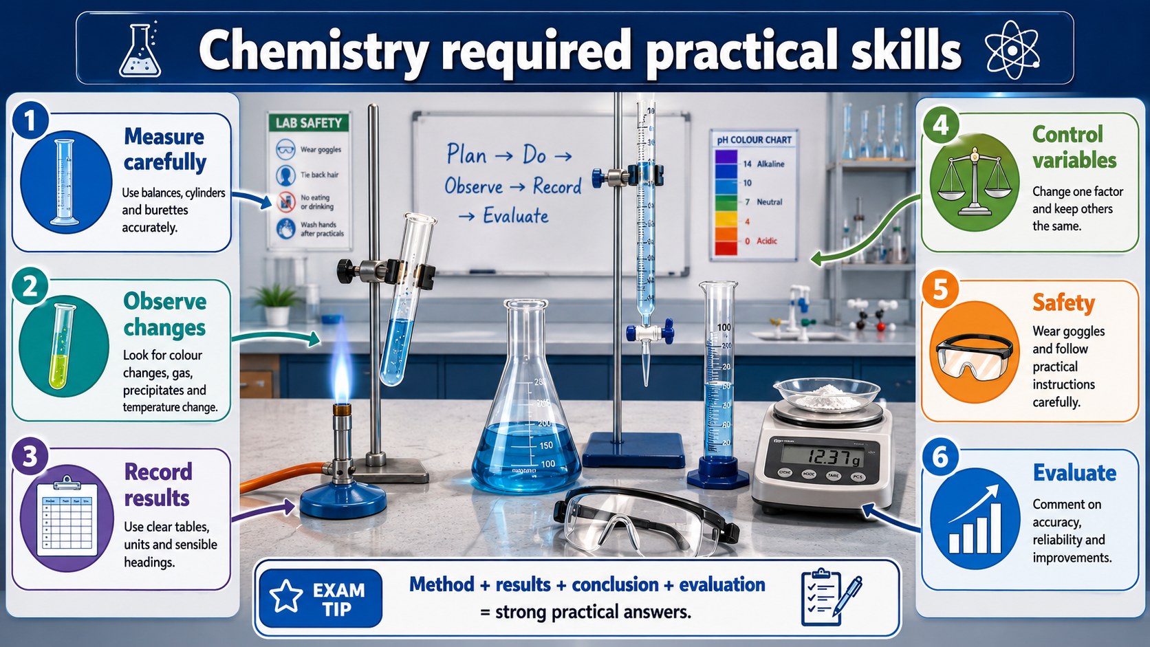 Infographic explaining GCSE Chemistry practical investigation skills, including variables, apparatus, observations, graphing, uncertainty and evaluation.