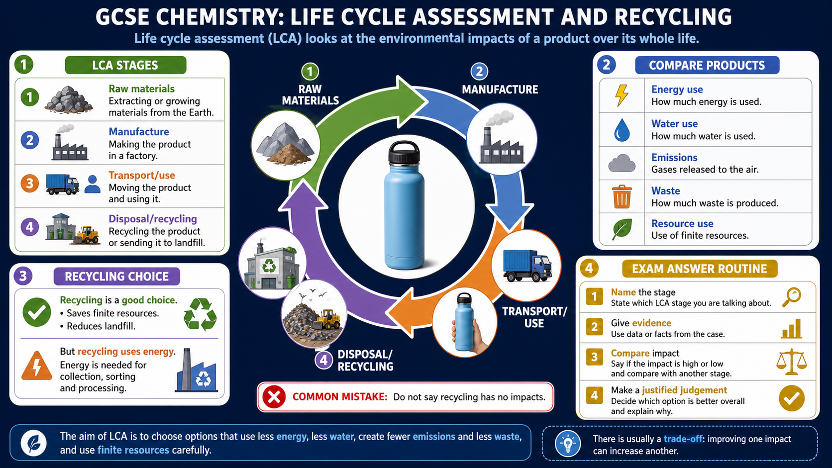 Illustrated GCSE Chemistry infographic showing life-cycle assessment stages, product comparison factors, recycling choices and exam answer routine.
