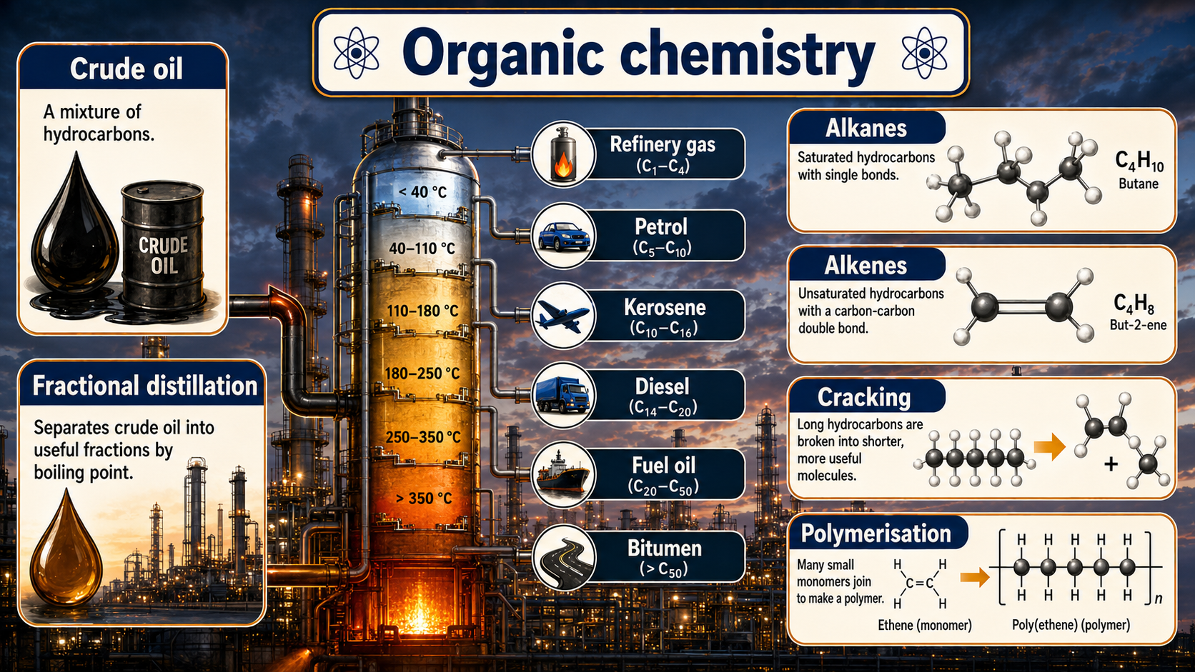 Illustrated GCSE Chemistry infographic showing crude oil, fractional distillation, refinery fractions, alkanes, alkenes, cracking and polymerisation.