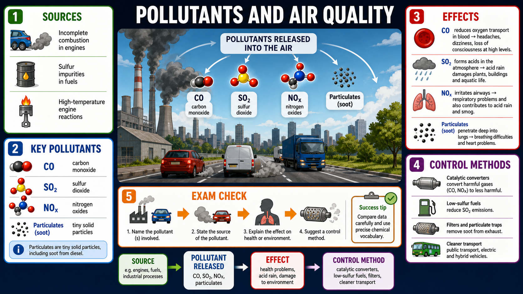 Illustrated GCSE Chemistry infographic showing sources, key pollutants, effects and control methods for carbon monoxide, sulfur dioxide, nitrogen oxides and particulates.