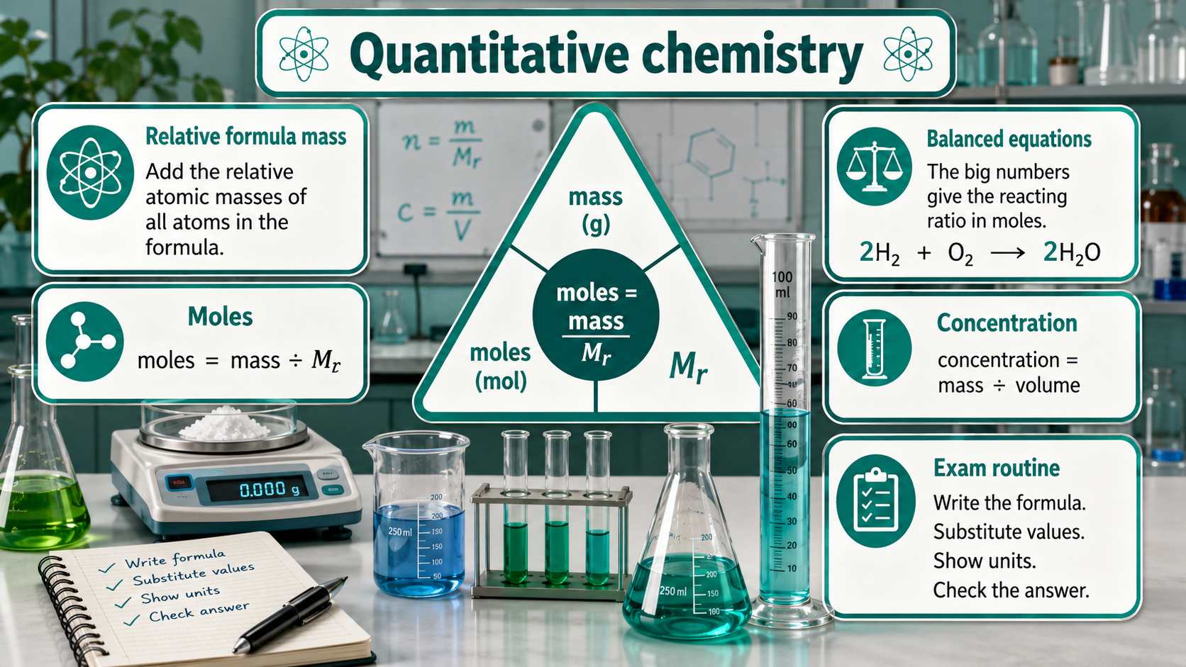 Illustrated GCSE Chemistry infographic showing relative formula mass, moles, balanced equations, concentration and exam calculation routines.