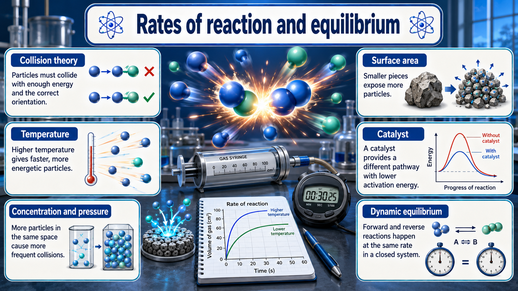 Illustrated GCSE Chemistry infographic showing collision theory, temperature, concentration, surface area, catalysts, rate graphs and dynamic equilibrium.