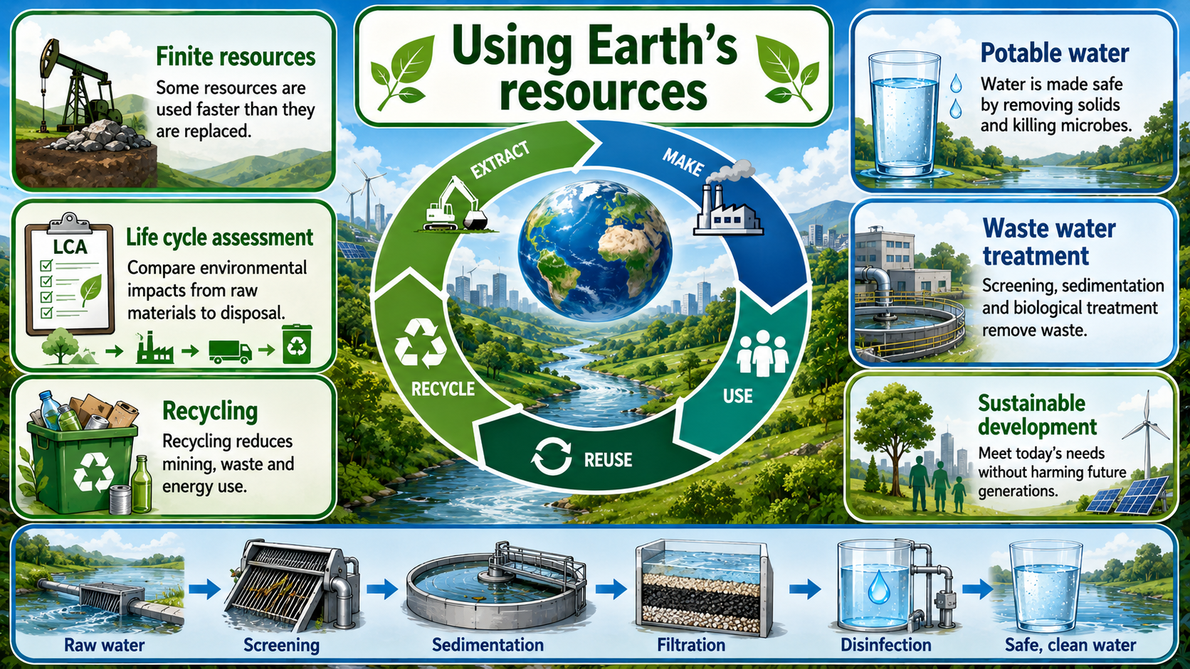 Illustrated GCSE Chemistry infographic showing finite resources, life cycle assessment, recycling, potable water, wastewater treatment and sustainable development.