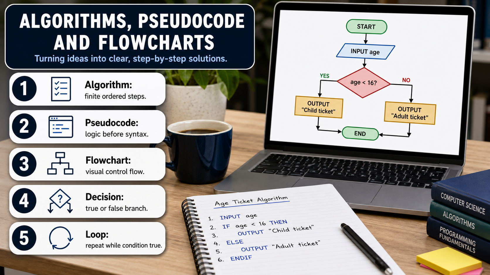 Photorealistic GCSE Computer Science infographic comparing algorithms, pseudocode, flowcharts, sequence, selection and iteration.