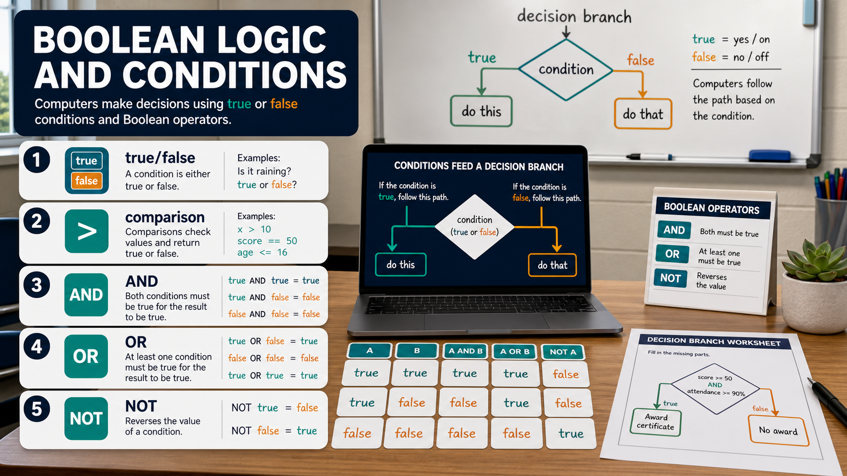 Photorealistic GCSE Computer Science infographic showing true false conditions, AND OR NOT logic and a small truth table.