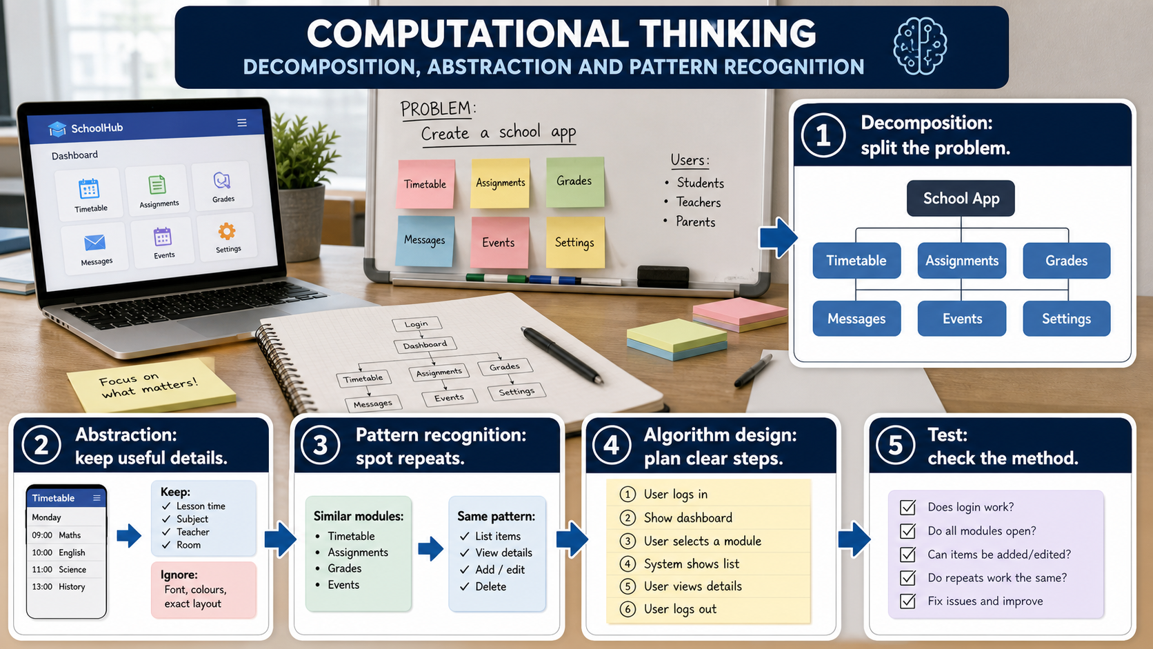 Photorealistic GCSE Computer Science infographic showing decomposition, abstraction, pattern recognition and algorithm design as a problem-solving workflow.