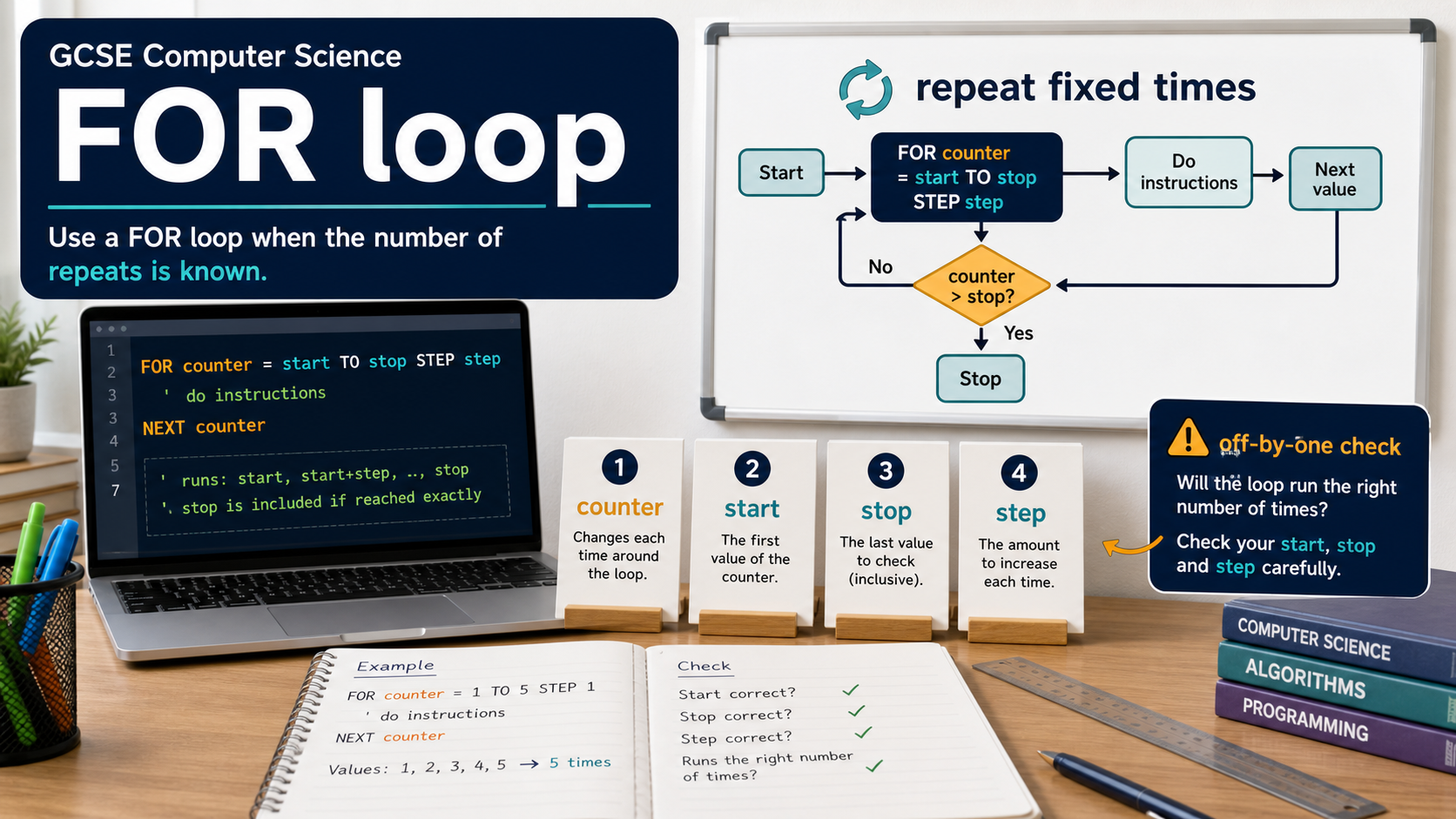 Photorealistic GCSE Computer Science infographic showing a for loop, loop counter, start value, end value and repeated instructions.