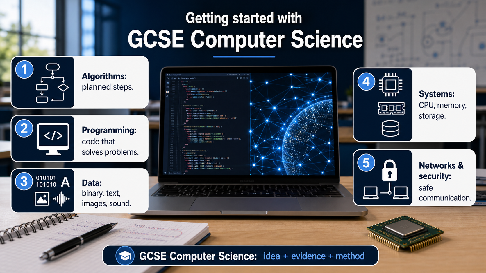 Photorealistic GCSE Computer Science infographic showing programming, algorithms, data, computer systems, networks and cybersecurity as connected study areas.