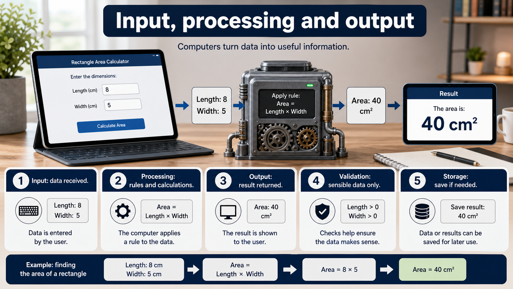 Photorealistic GCSE Computer Science infographic showing input data, processing rules, output and validation checks.