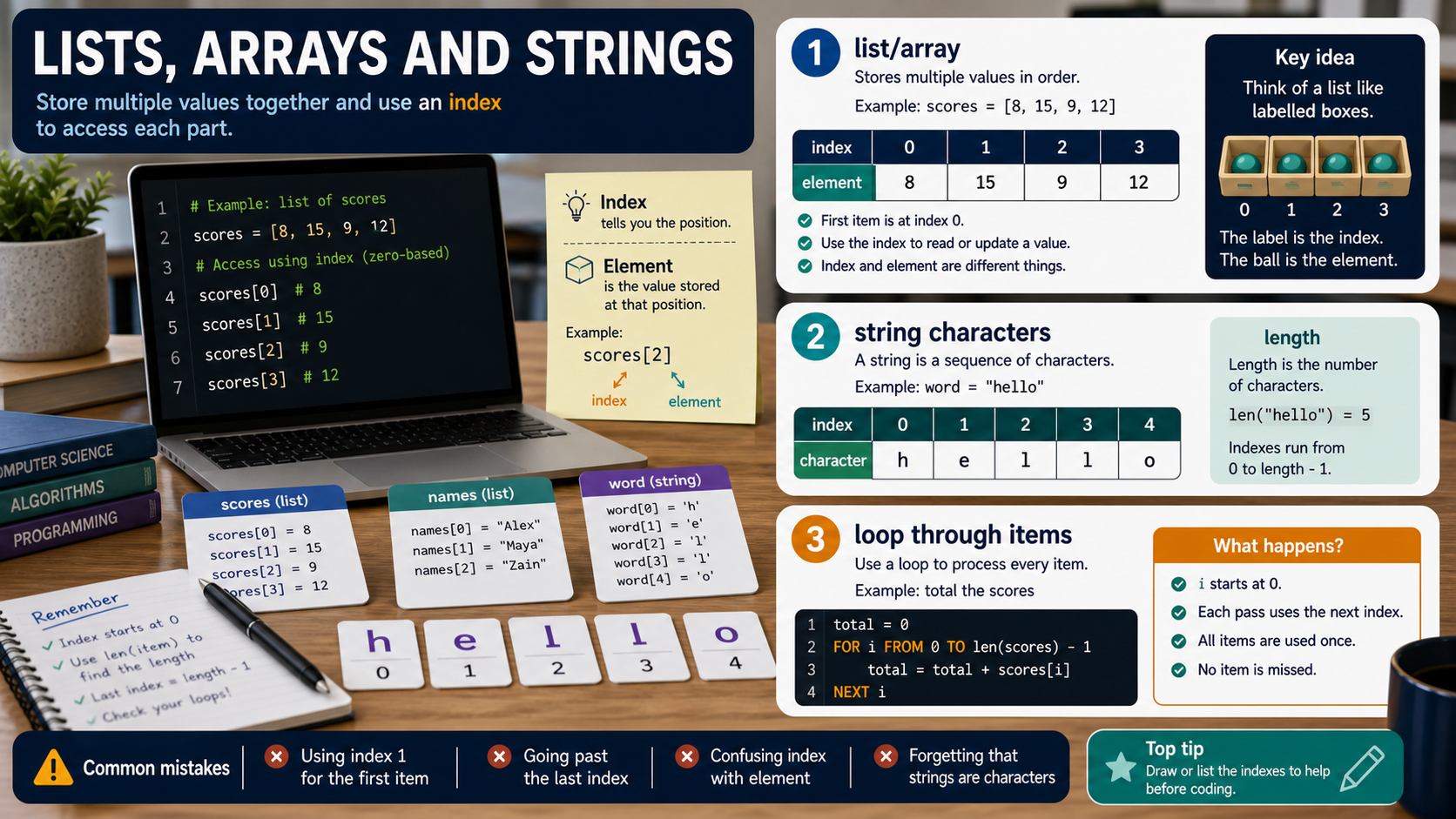 Photorealistic GCSE Computer Science infographic showing indexed list values, array positions and string characters with zero-based index examples.