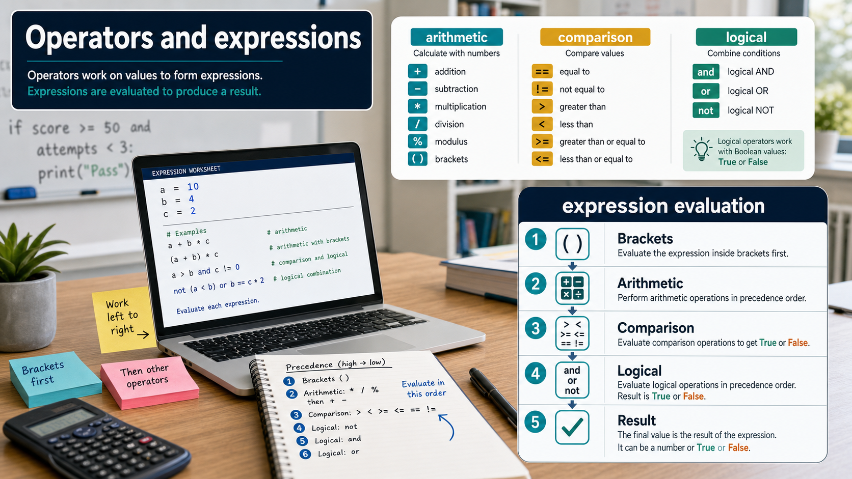 Photorealistic GCSE Computer Science infographic showing arithmetic, comparison and logical operators used to build expressions.