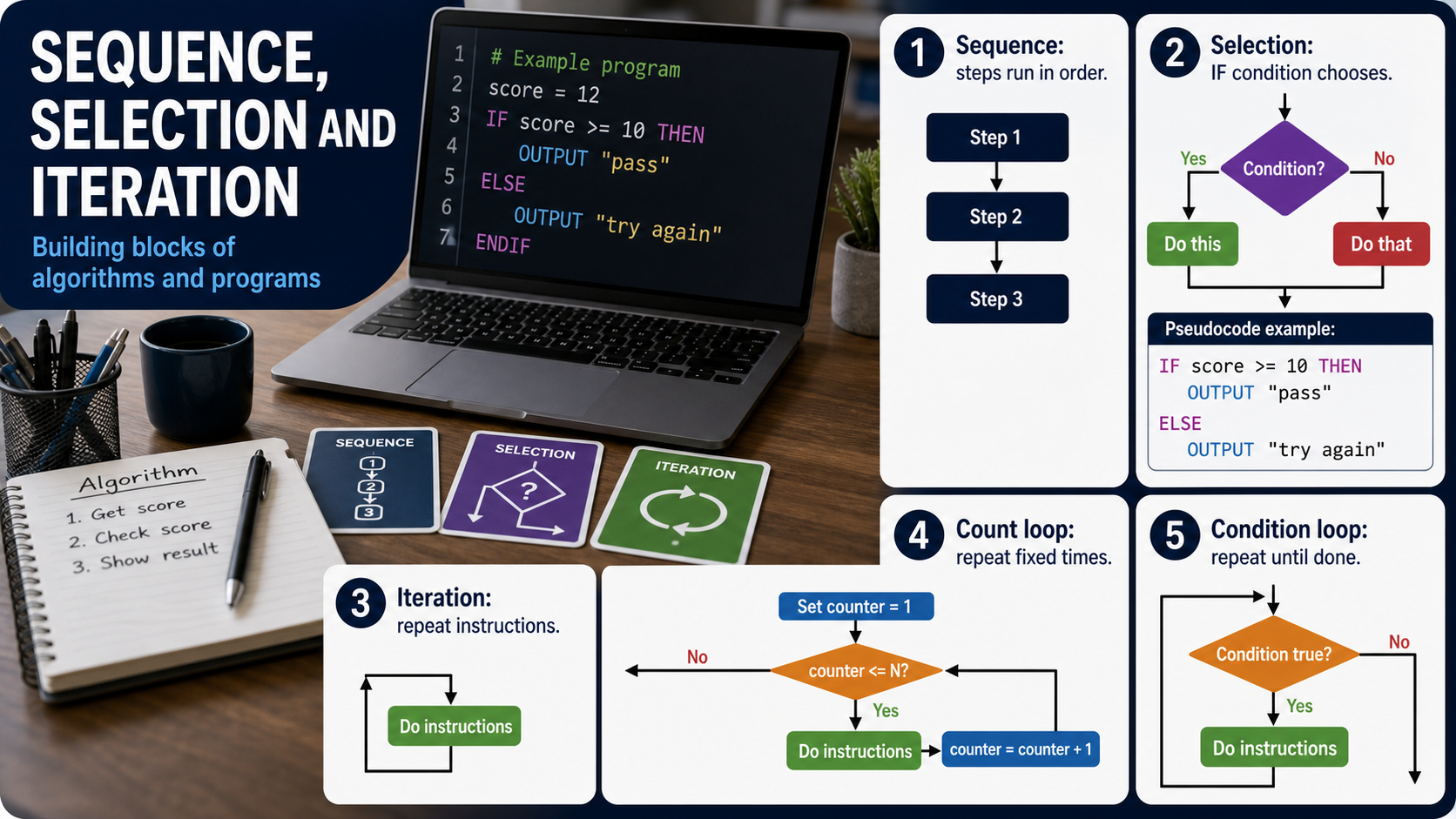 Photorealistic GCSE Computer Science infographic showing ordered instructions, if decisions, count-controlled loops and condition-controlled loops.