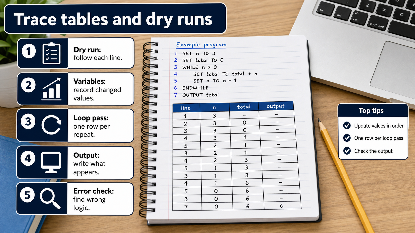 Photorealistic GCSE Computer Science infographic showing a trace table, changing variables and dry-run checking.