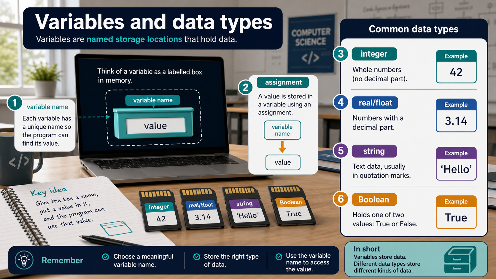 Photorealistic GCSE Computer Science infographic showing variables as labelled memory boxes and common data types including integer, real, Boolean, character and string.