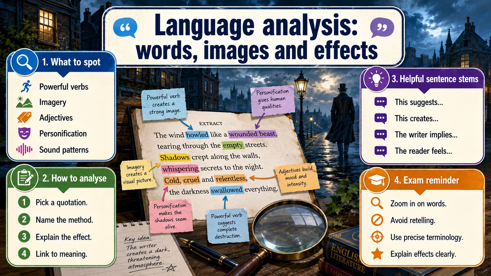 Infographic explaining language analysis, including word choice, imagery, methods, effects and links to meaning.