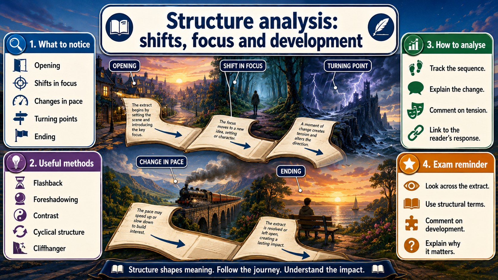 Infographic explaining structure analysis, including shifts, focus, development, sequence, contrast and effects on the reader.