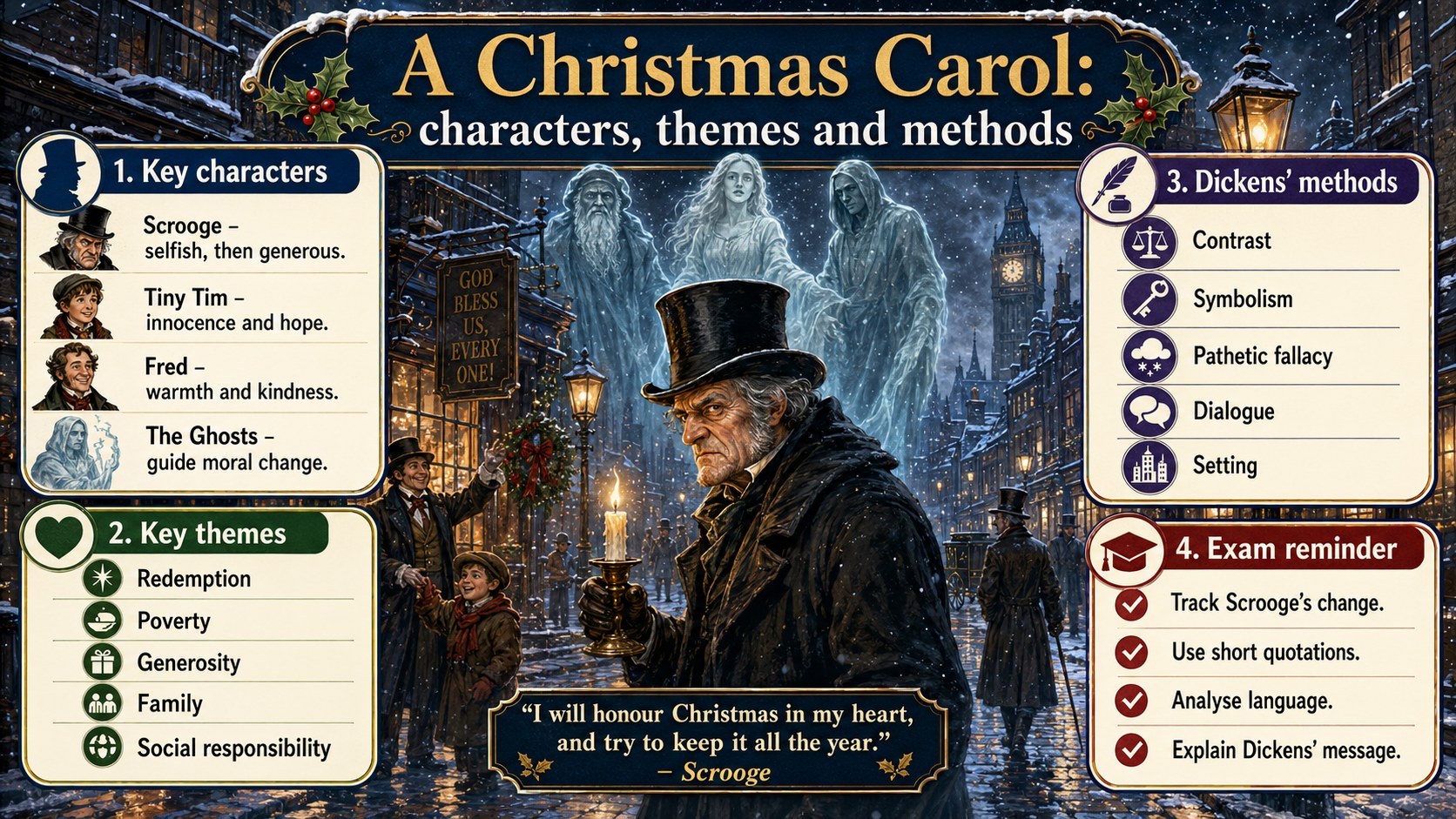 Infographic explaining A Christmas Carol characters, themes and methods, including redemption, social responsibility, poverty and supernatural structure.