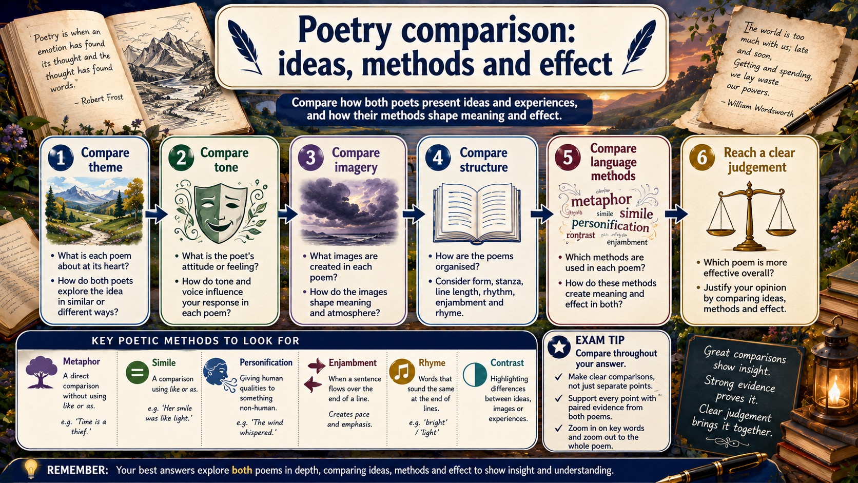 Infographic explaining poetry comparison, including theme, tone, imagery, structure, language methods and overall judgement.