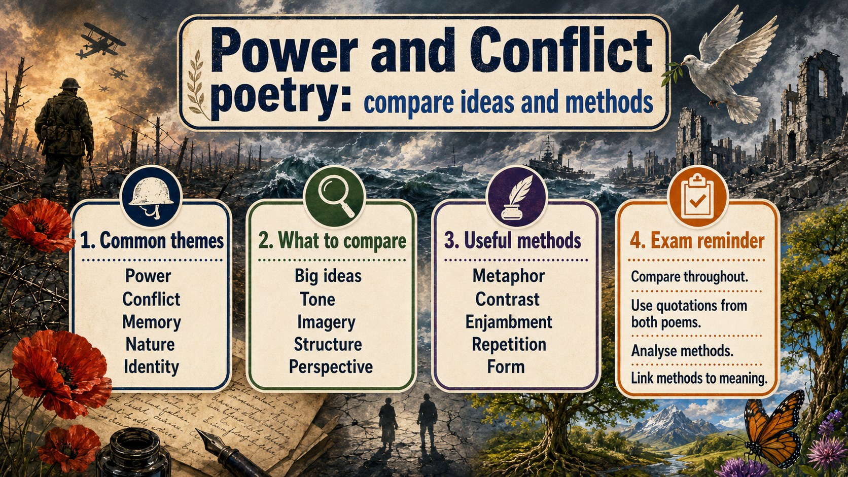 Infographic explaining power and conflict poetry comparison, including ideas, methods, voice, memory, power and effect.