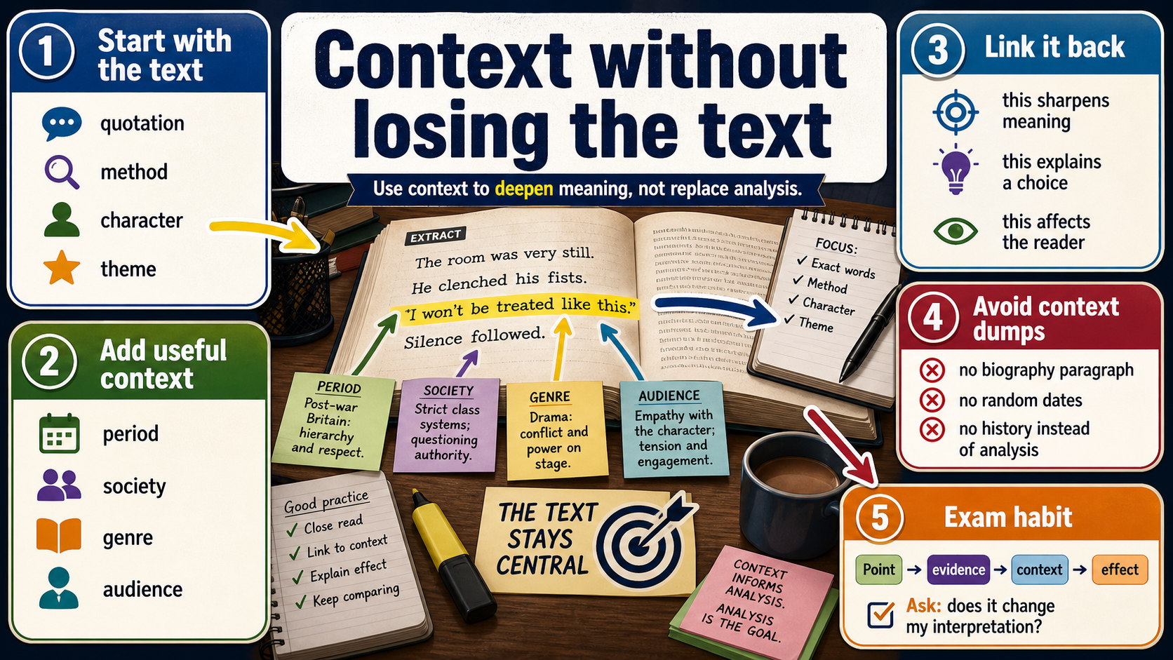 Infographic explaining how to use context in GCSE English by starting with the text, adding relevant context and linking it back to interpretation.