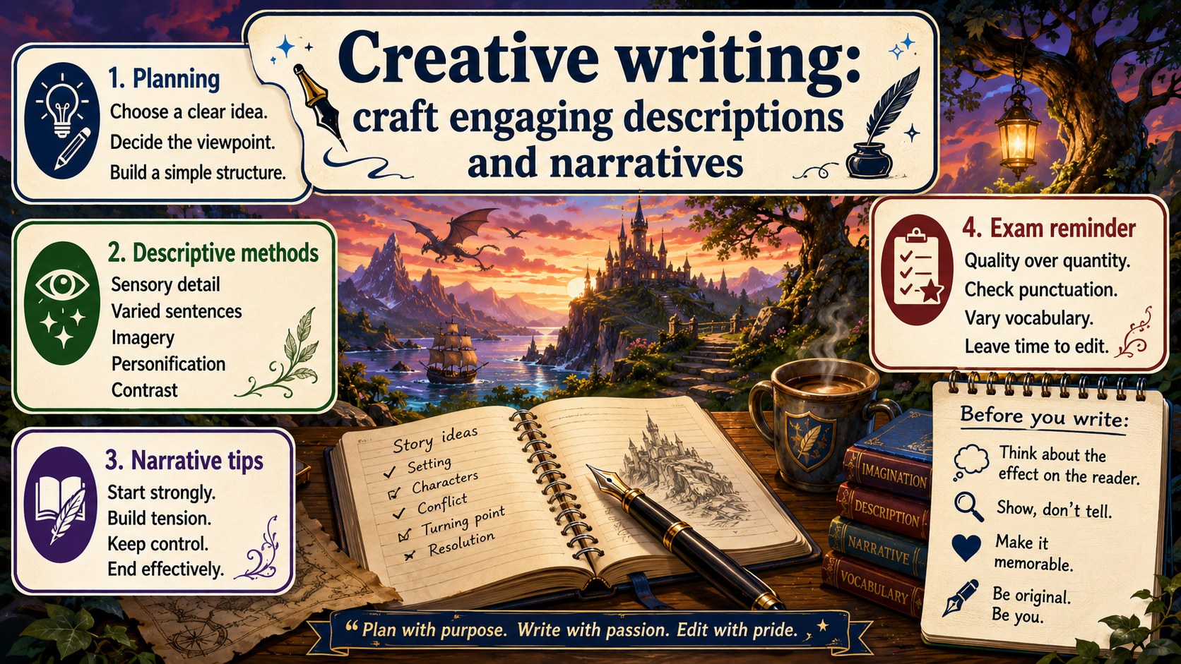 Infographic explaining creative writing craft, including description, narrative structure, imagery, viewpoint and exam planning.