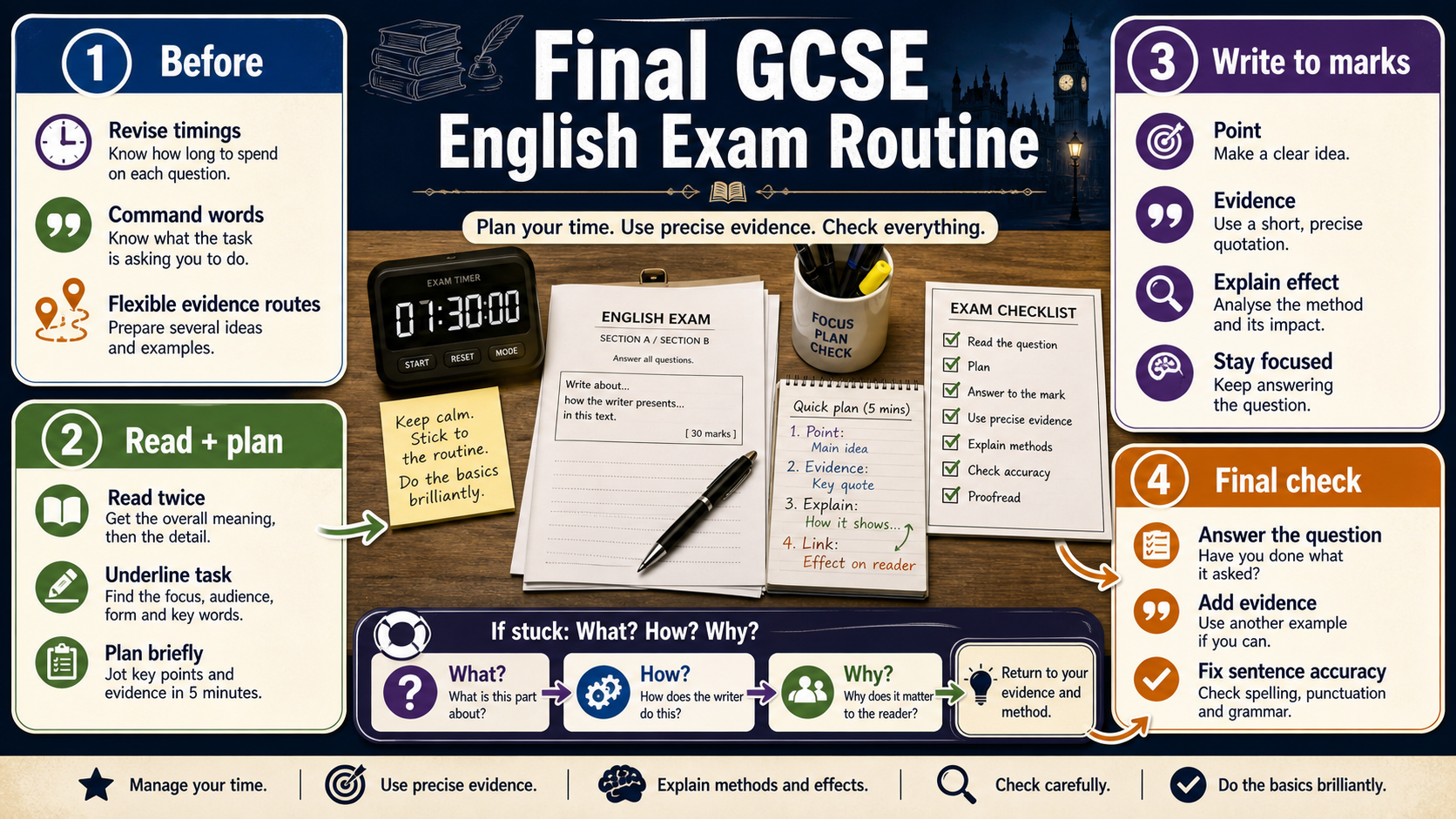 Infographic showing a GCSE English exam routine from revision and planning to writing, checking and recovery if stuck.