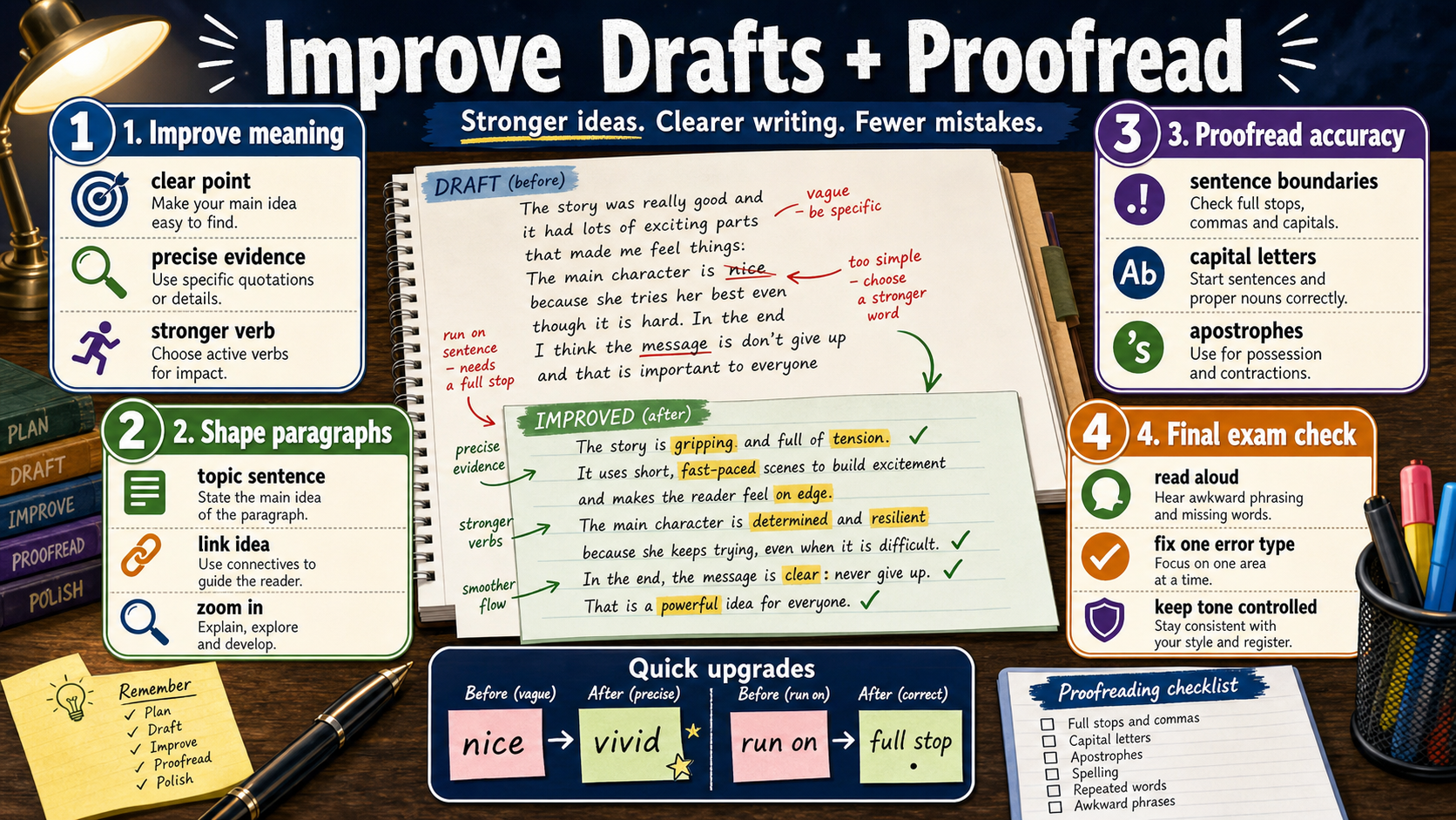 Infographic showing how to improve a draft with clearer meaning, stronger paragraph shape, proofreading accuracy checks and a final exam routine.