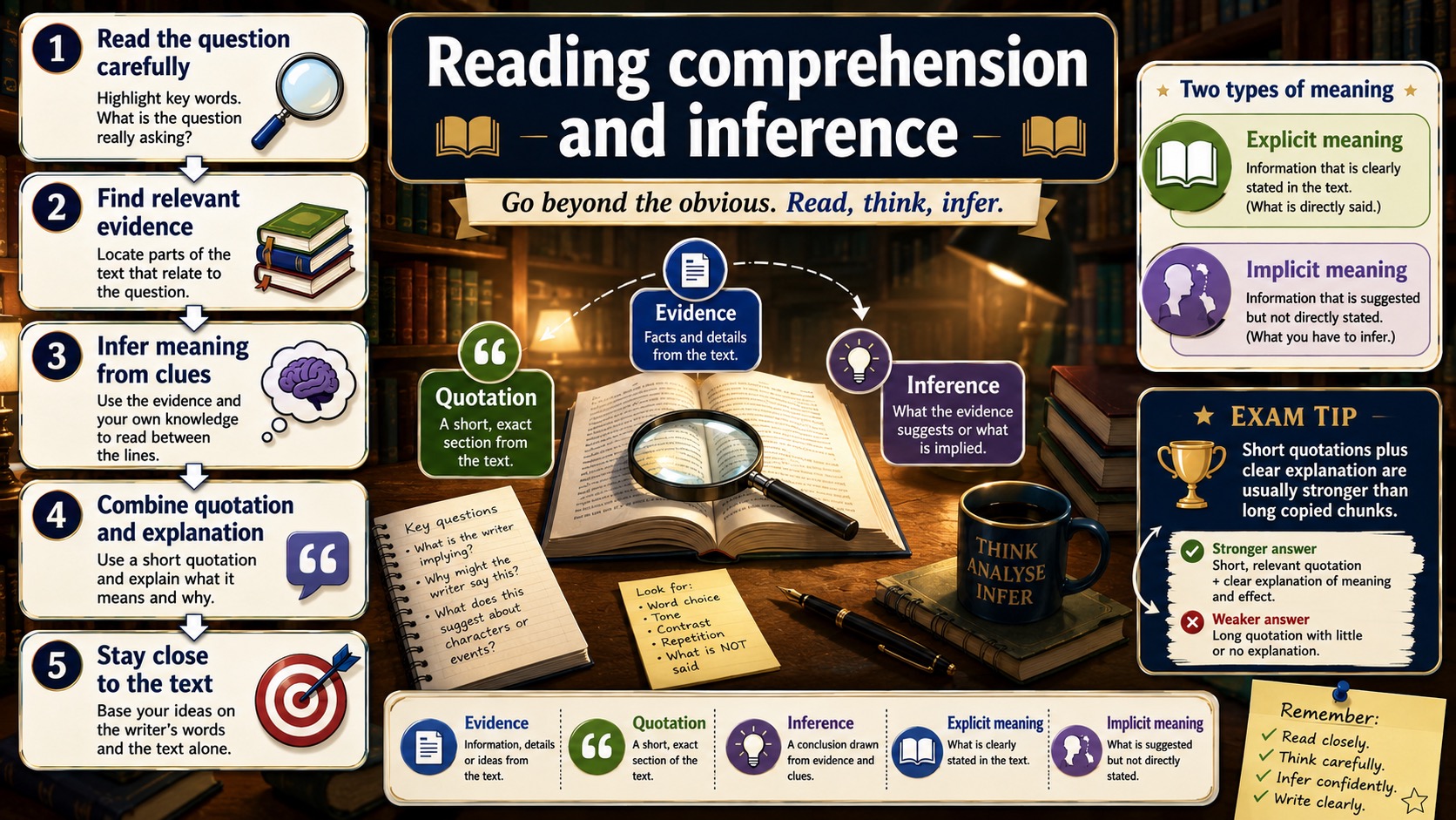 Infographic explaining reading comprehension and inference, including explicit meaning, implicit meaning, quotation, evidence and explanation.