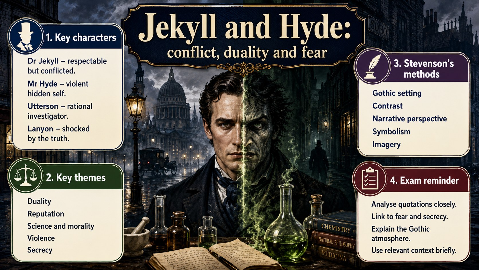 Infographic explaining Jekyll and Hyde conflict, duality and fear, including characters, themes, context and Gothic methods.